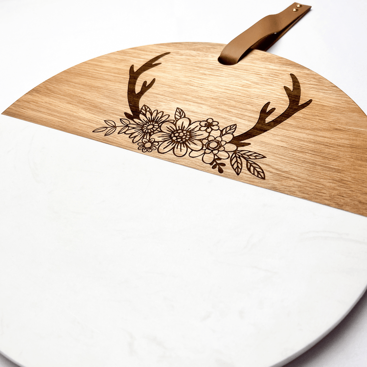 Floral Deer Antler Wood and Marble Cutting Board