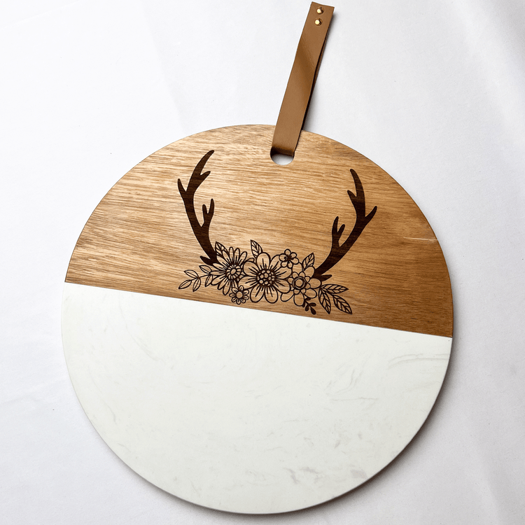 Floral Deer Antler Wood and Marble Cutting Board