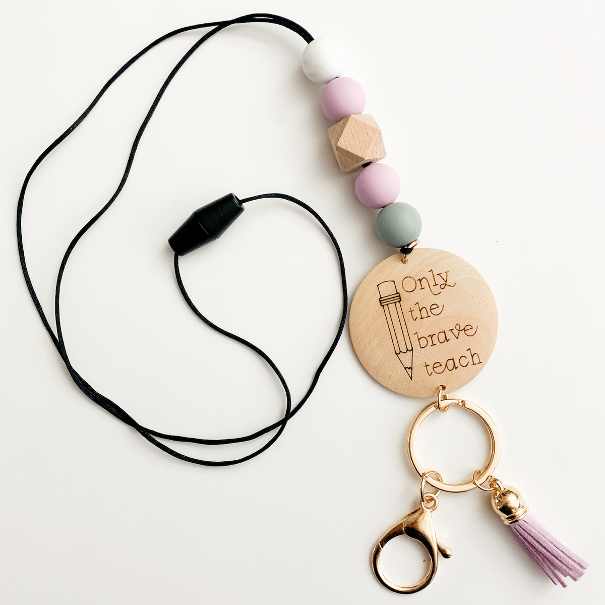 Only The Brave Teach engraved wood teacher lanyard