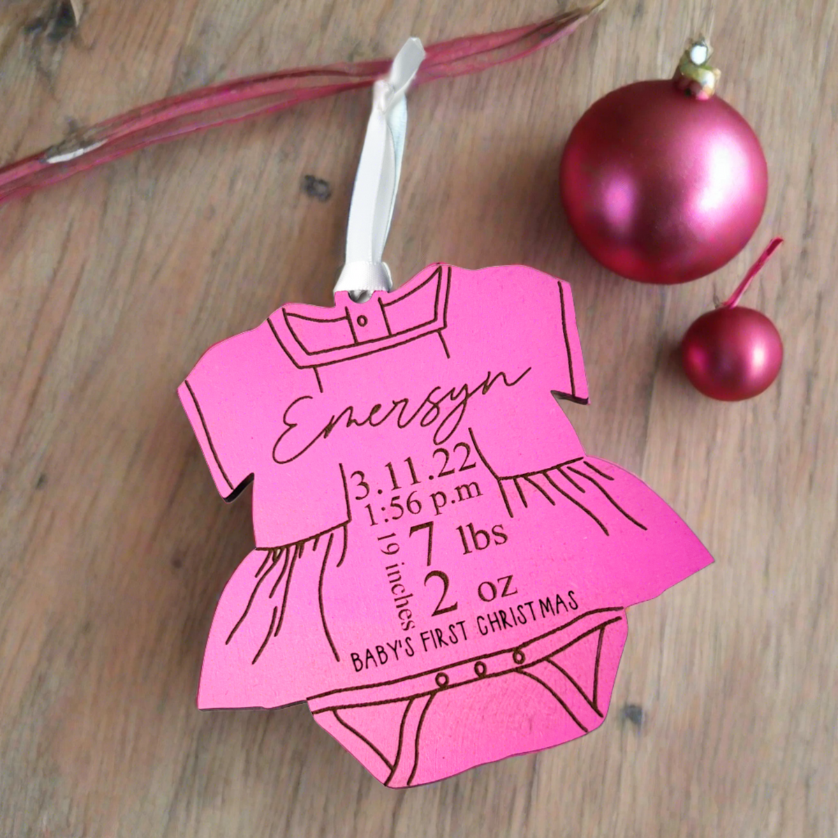 Baby Birth Stats Ornament - Girl Outfit